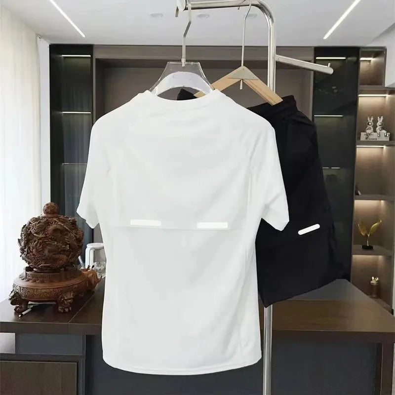 Summer New Men's Faionable Breathable Ice Silk Slim Fit High Elastic Sport ort Sve Set Casual Running Qui Dry Set