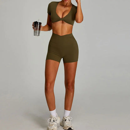 mikeyoga Women Yoga Suit 2PCS Sports Set Quick-Drying Gym Set Women Tracksuit Running Workout Short Sleeves Sports Yoga Clothing