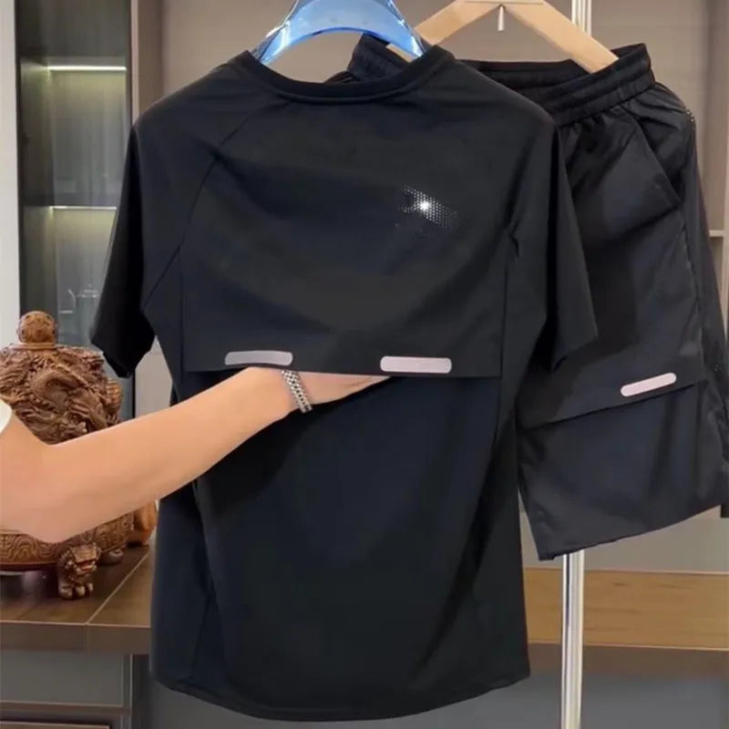 Summer New Men's Faionable Breathable Ice Silk Slim Fit High Elastic Sport ort Sve Set Casual Running Qui Dry Set