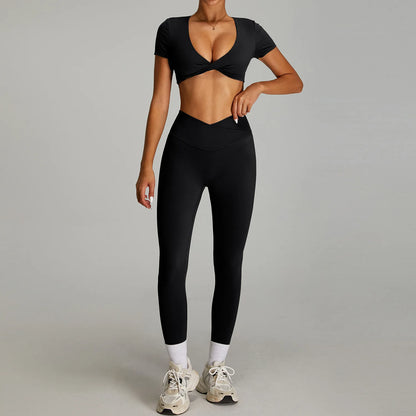 mikeyoga Women Yoga Suit 2PCS Sports Set Quick-Drying Gym Set Women Tracksuit Running Workout Short Sleeves Sports Yoga Clothing