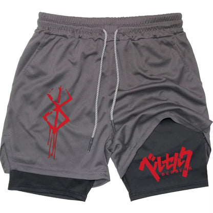 Anime Berserk Performance Shorts Men 2 in 1 Running Compression Shorts Training Yoga Gym Sportswear Workout Shorts with Pockets