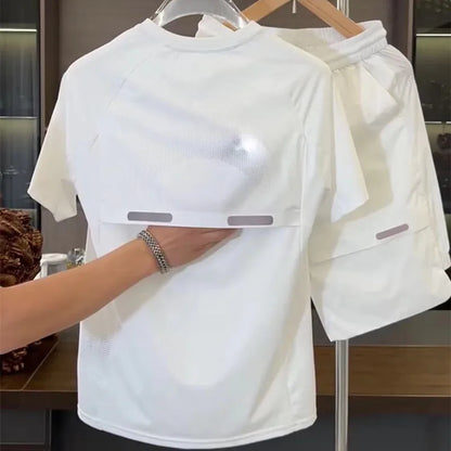 Summer New Men's Faionable Breathable Ice Silk Slim Fit High Elastic Sport ort Sve Set Casual Running Qui Dry Set