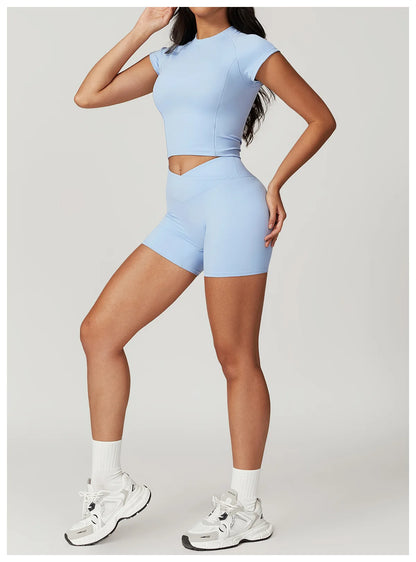 2 Pieces Yoga Set Gym Clothes Sportswear Yoga Suits For Women Fitness Short Sleeve Crop Top Tracksuits Sports Bra Gym Leggings